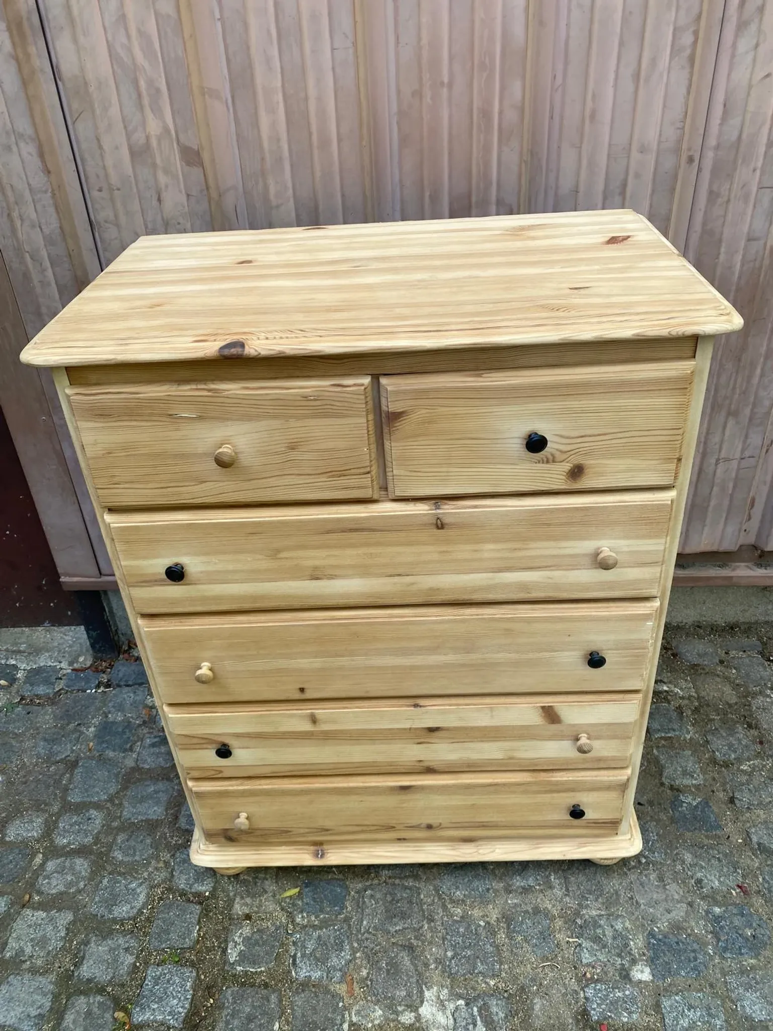 High Scandinavian chest of drawers stripped in solid pine from the 1980s.