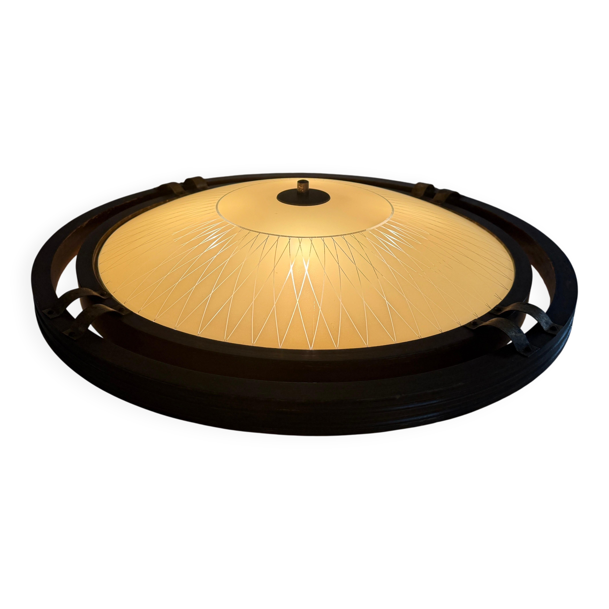 Mid-century wooden and glass framed ceiling light, 1950s, Germany