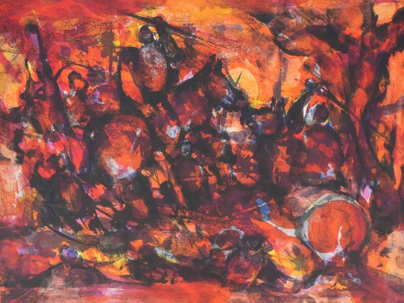 Marcel Mouly : Combat rouge, lithographie originale signée