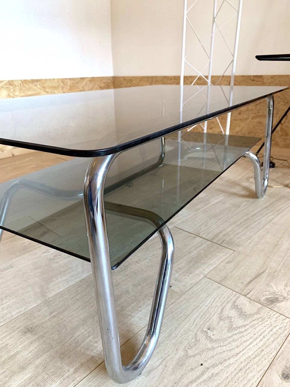 Chrome and smoked glass coffee table in BAUHAUS style.