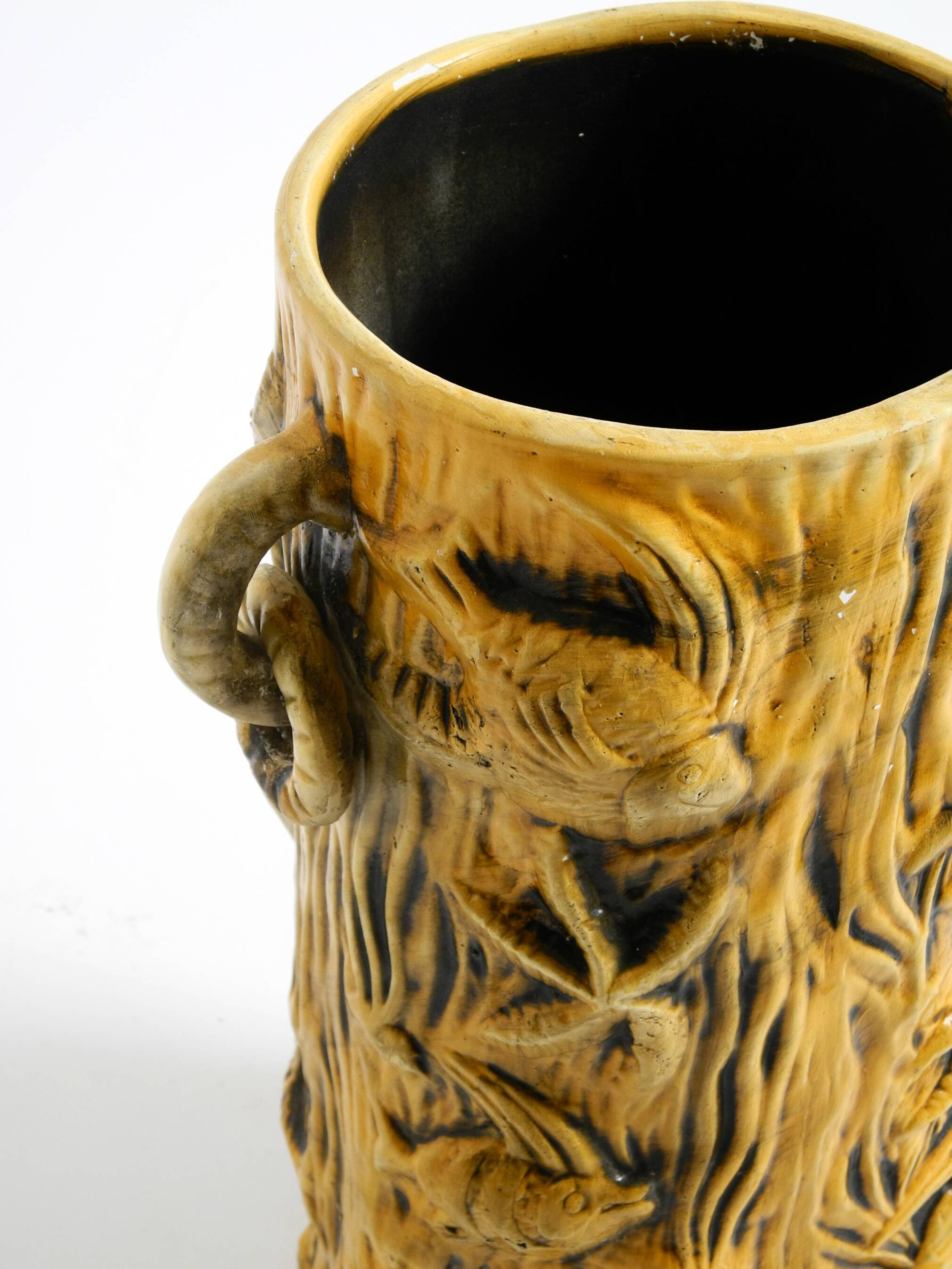 Large handmade glazed ceramic floor vase, handled vase with maritime motifs