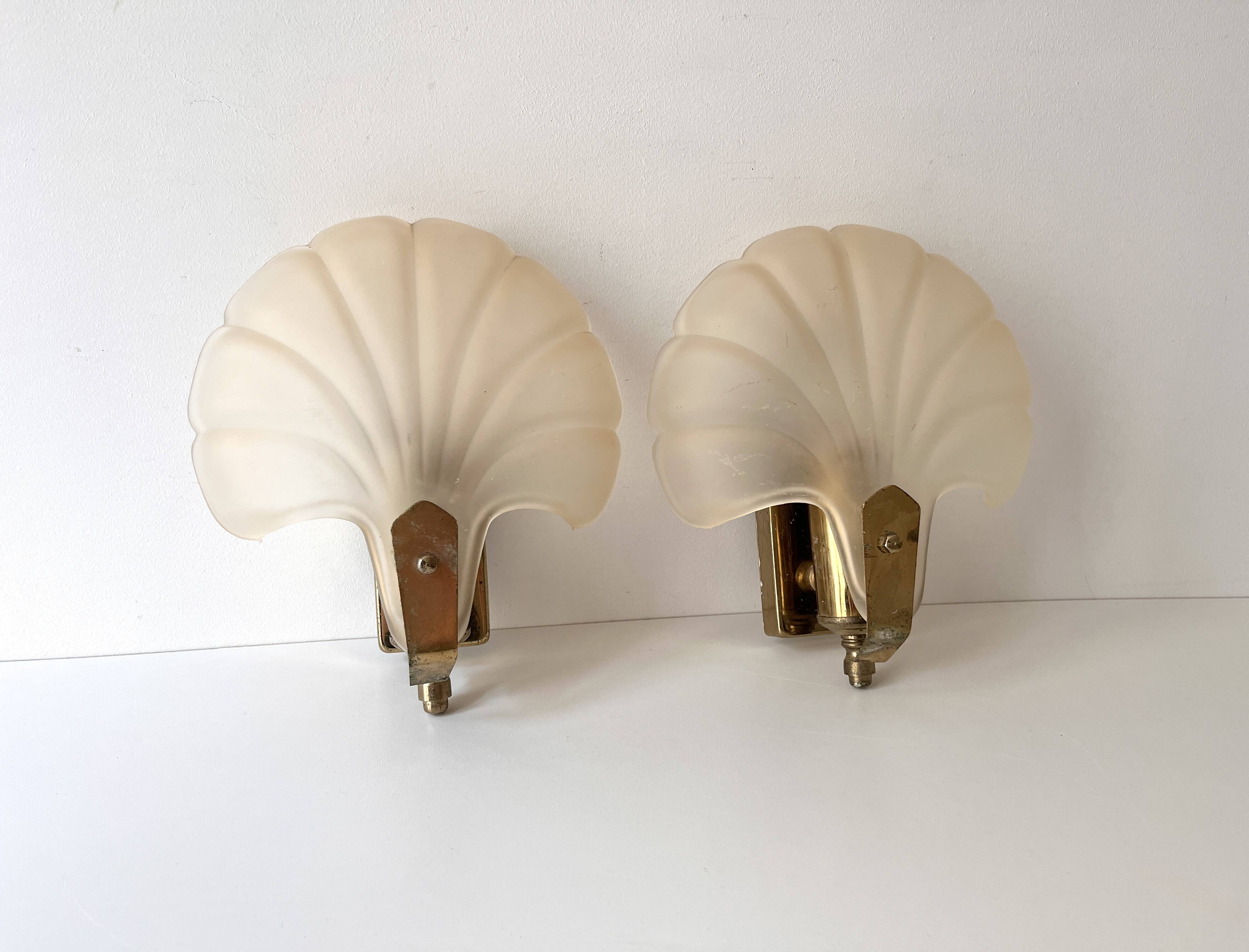 Pair of vintage shell glass wall lights, Art Deco style fixtures.