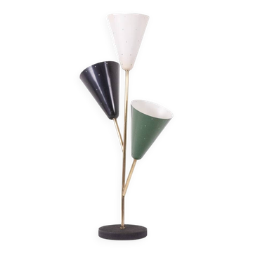 Stilnovo. 3-light lamp in sheet metal and brass. 1960s.