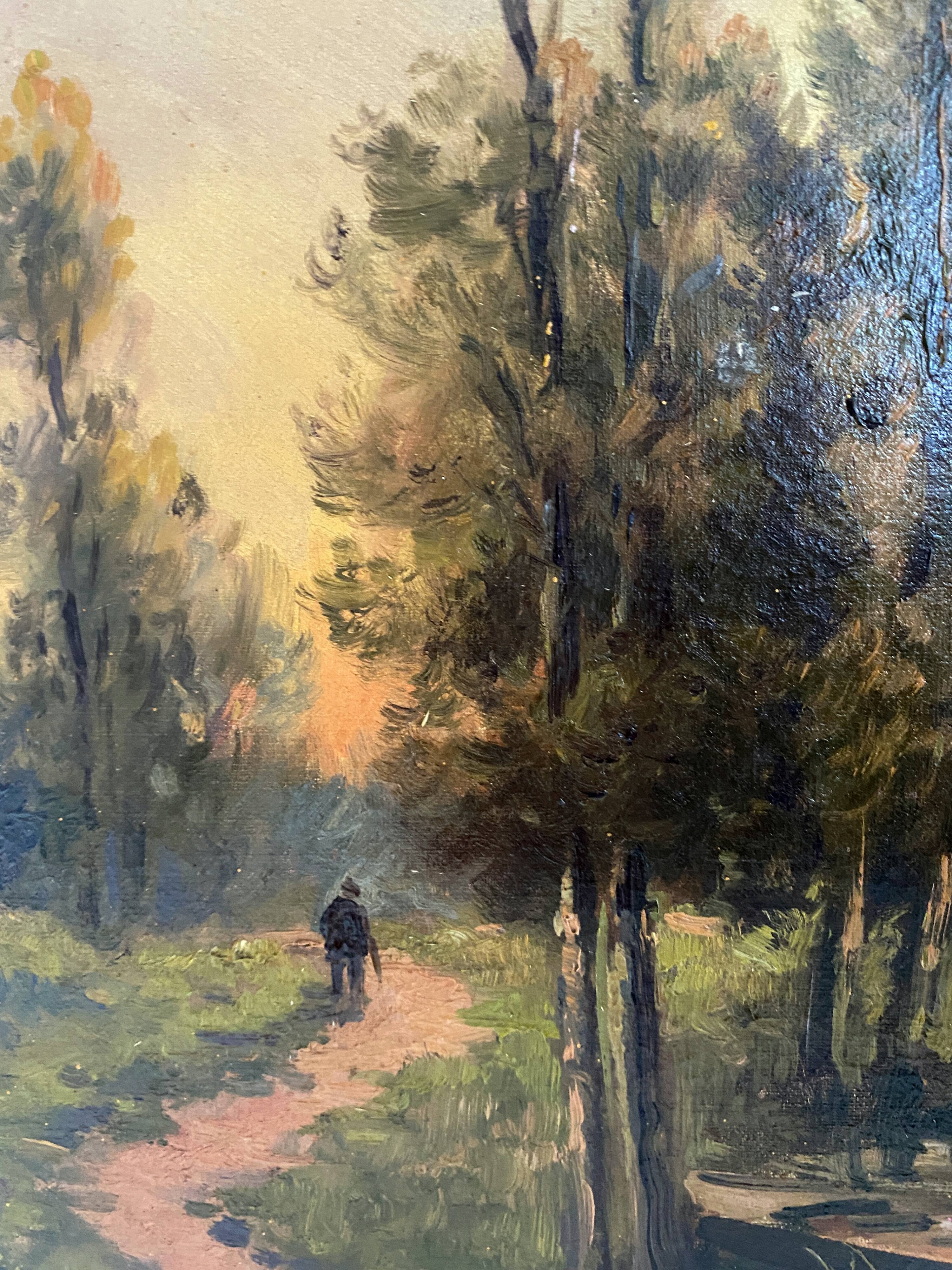 Painting "Landscape with fisherman at sunset" signed L. Lebrun XIX° century
