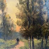 Painting "Landscape with fisherman at sunset" signed L. Lebrun XIX° century