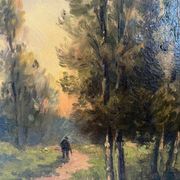 Painting "Landscape with fisherman at sunset" signed L. Lebrun XIX° century