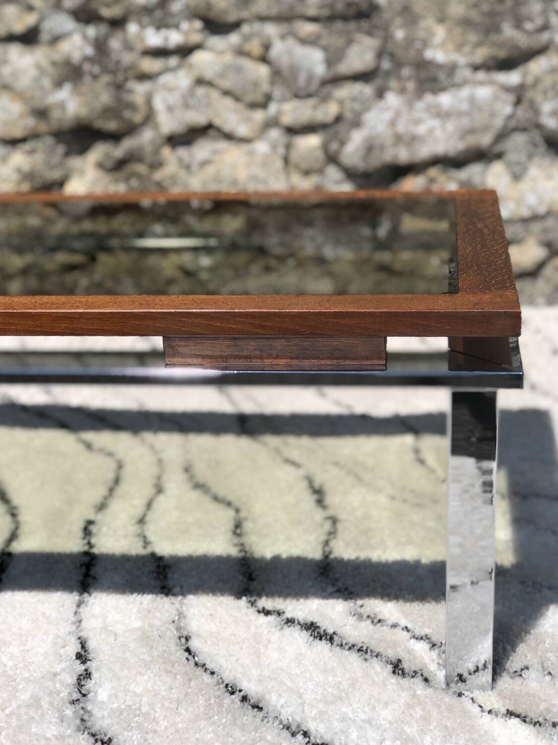 Vintage rectangular coffee table 1970 chrome, wood & smoked glass