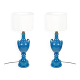 Pair of table lamps by Pol Chambost (1906-1983), blue glazed earthenware.