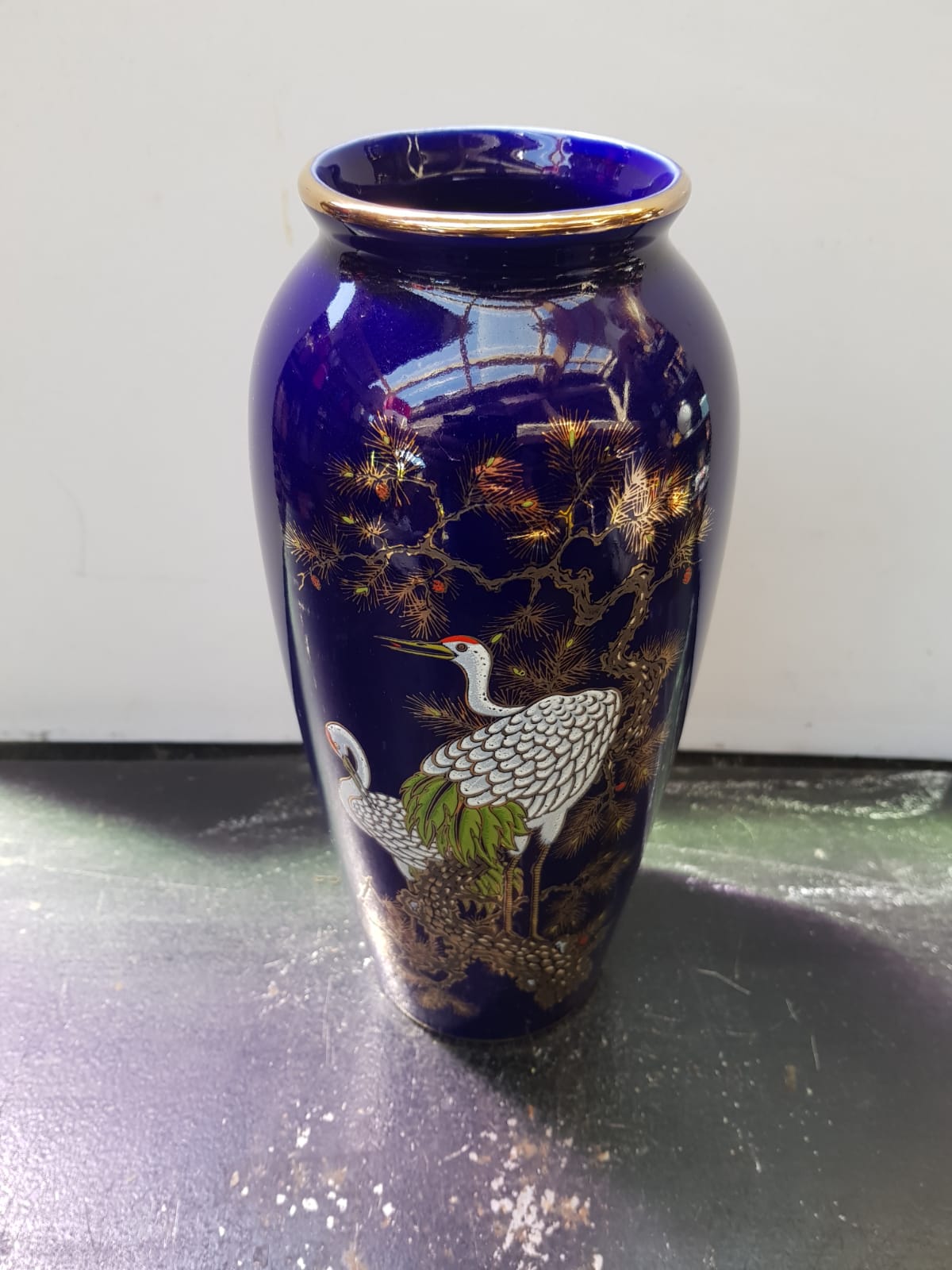 Old Ceramic Vase Enamelled Blue Asian Décor Vintage