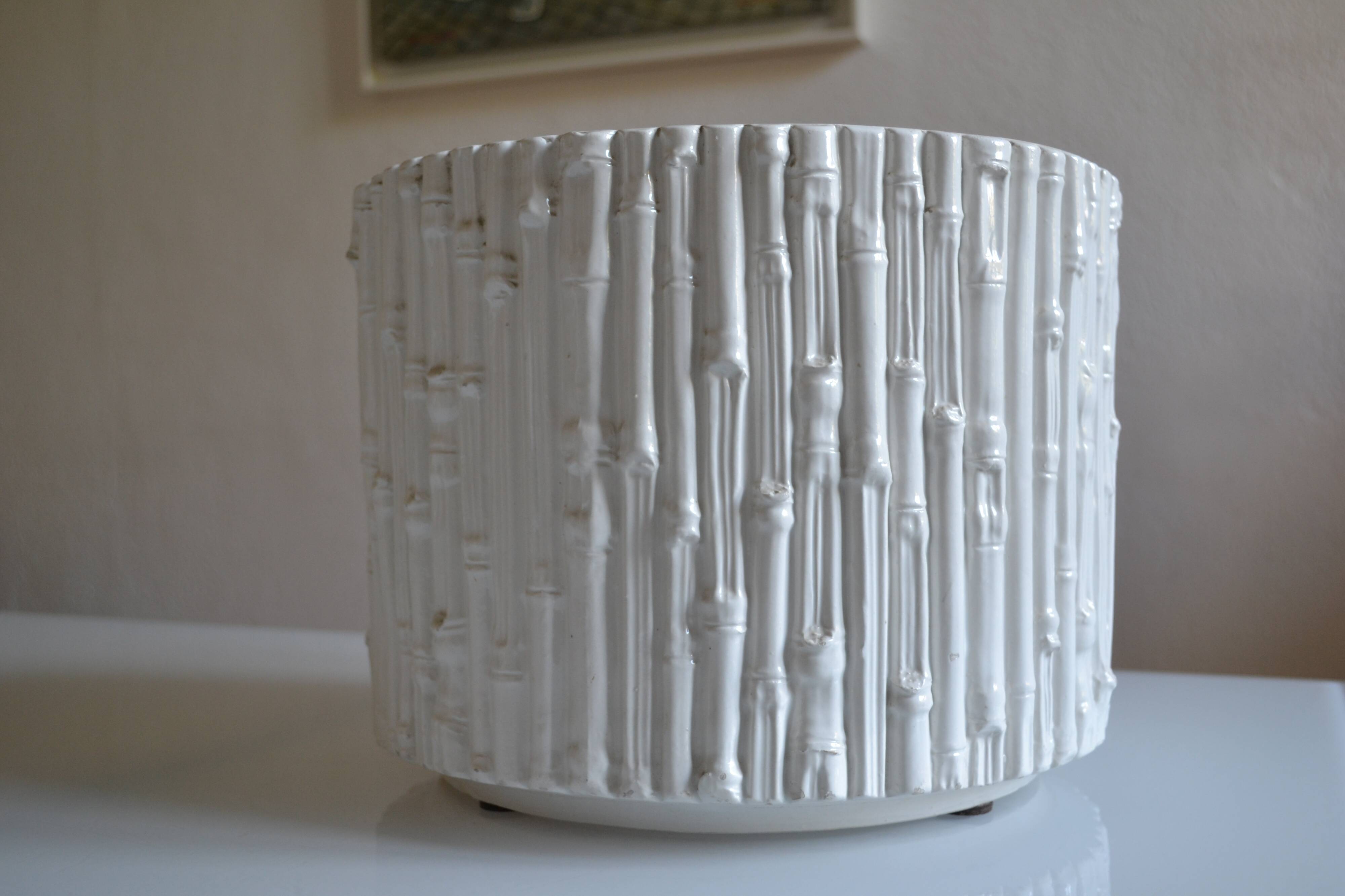 Ceramic cache pot in bamboo style, Italy 1980, Hollywood Regency.