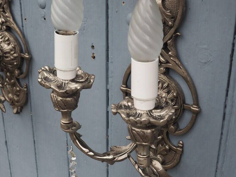 Italian Hollywood Regency Crystal Wall Lights – Silvered Metal Double Arm Light