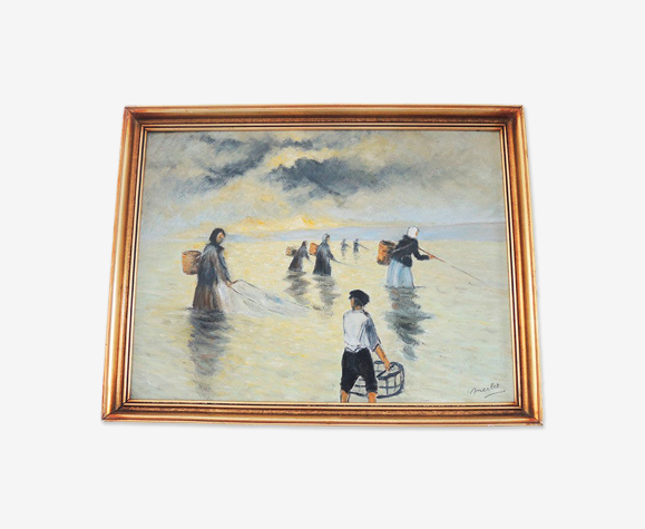 Huile sur bois encadrée et signée henri merlet : les pêcheuses normandes