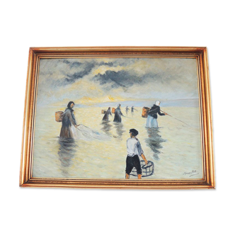 Huile sur bois encadrée et signée henri merlet : les pêcheuses normandes