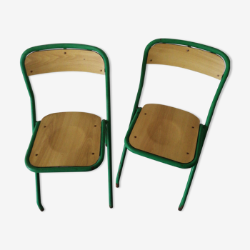 Duo de chaises d'école en bois et métal vert vintage