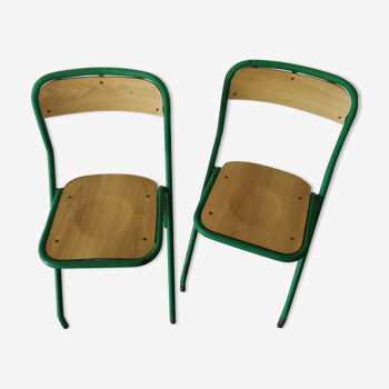 Duo of school chairs in wood and green metal Vintage