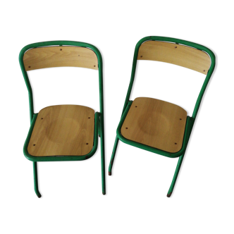 Duo of school chairs in wood and green metal Vintage