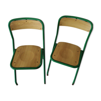 Duo de chaises d'école en bois et métal vert vintage