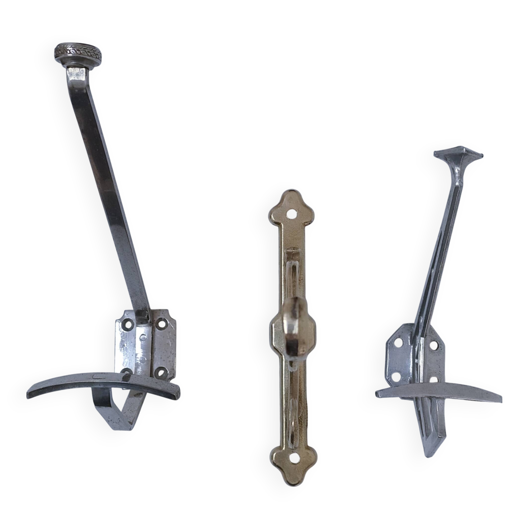 Three brass, chrome, aluminum hooks, early 20th century