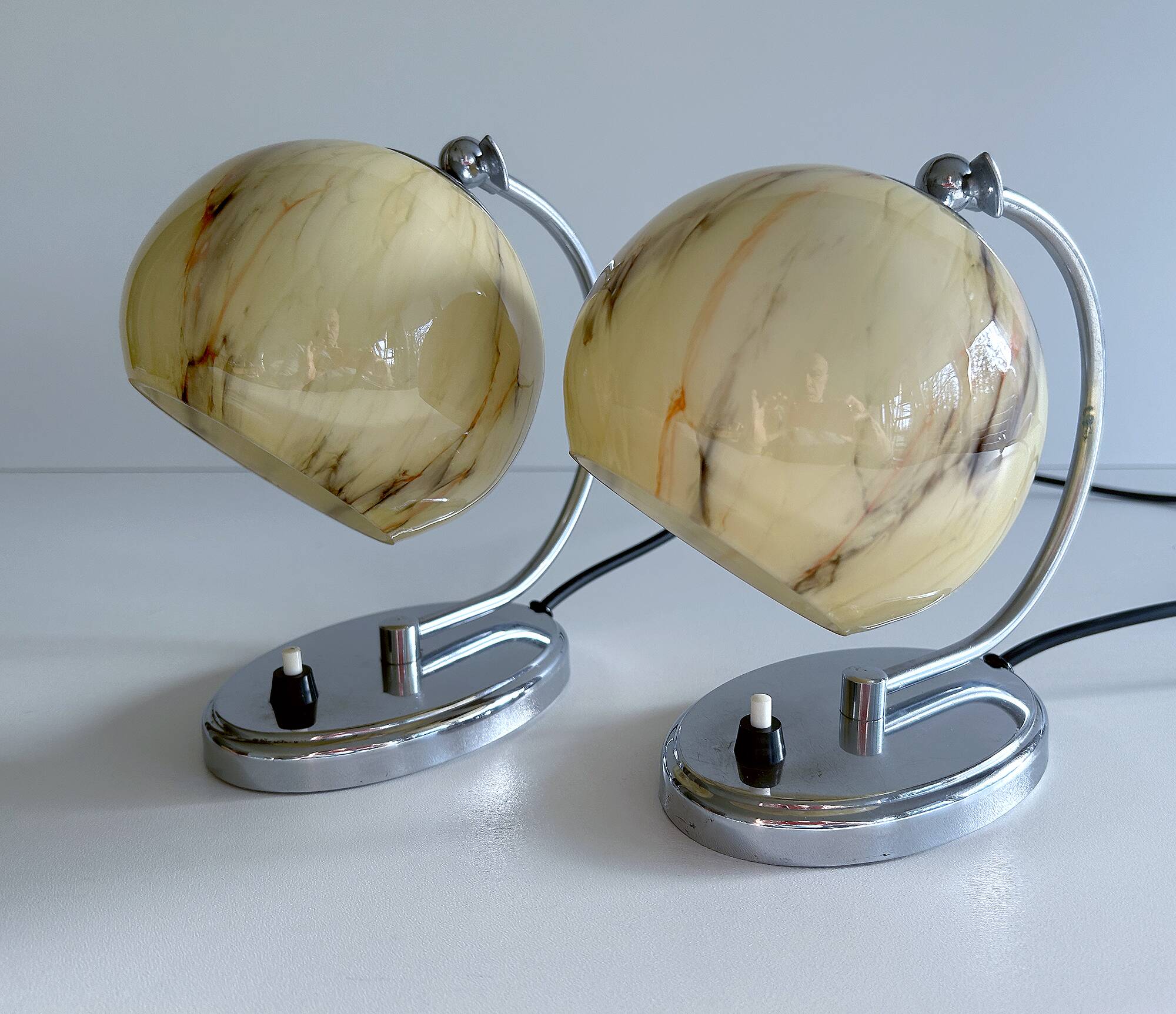 Pair of art deco lamps, chrome glass