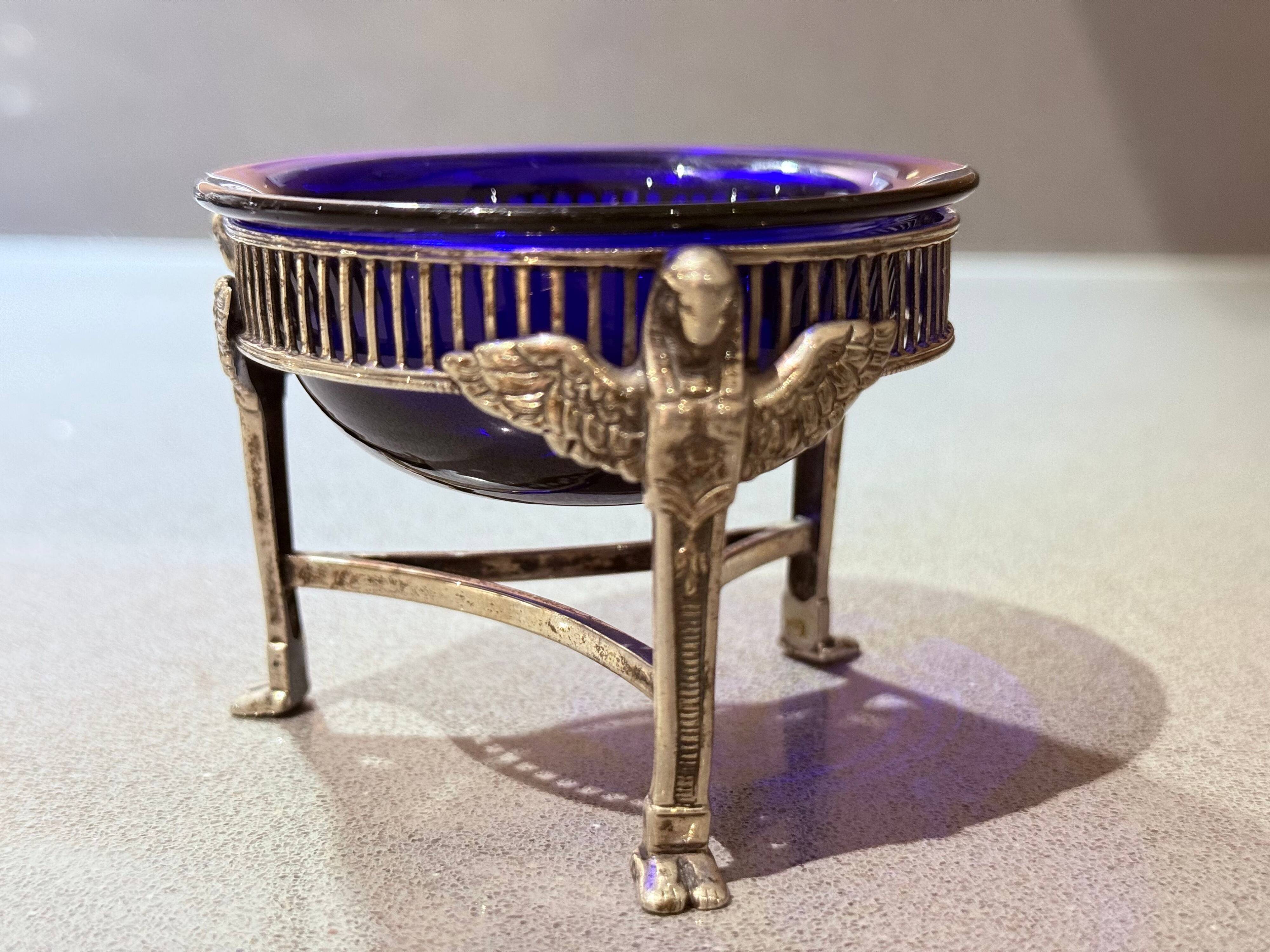 Pair of Vintage Swan-Shaped Salt Cellars, Silver-Plated, with Cobalt Blue Glass Liners