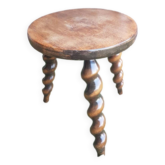 Tabouret de traite tripode style charles dudouyt bois torsadé vintage