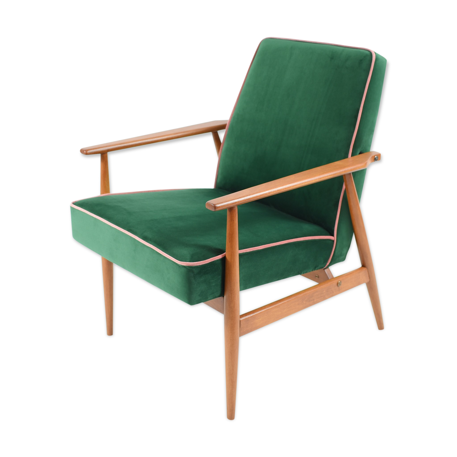 Vintage armchair, fully renovated, 1970s, green bottle velvet, pink edge