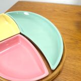 Pastel color bowls set in rattan basket vintage