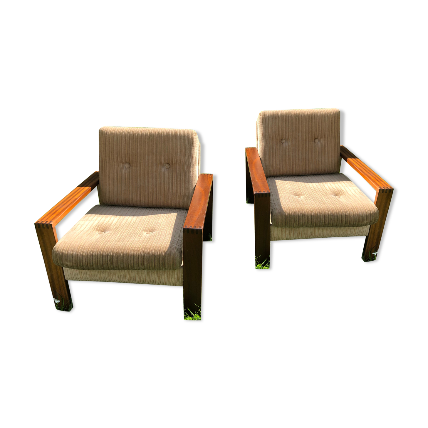 Pair of vintage beige velvet armchairs 60s