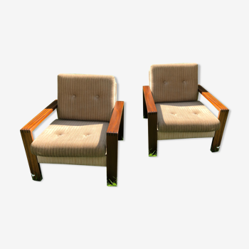 Pair of vintage beige velvet armchairs 60s