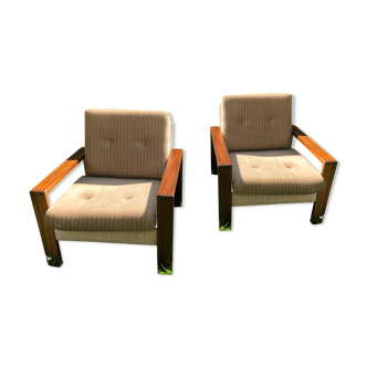Pair of vintage beige velvet armchairs 60s