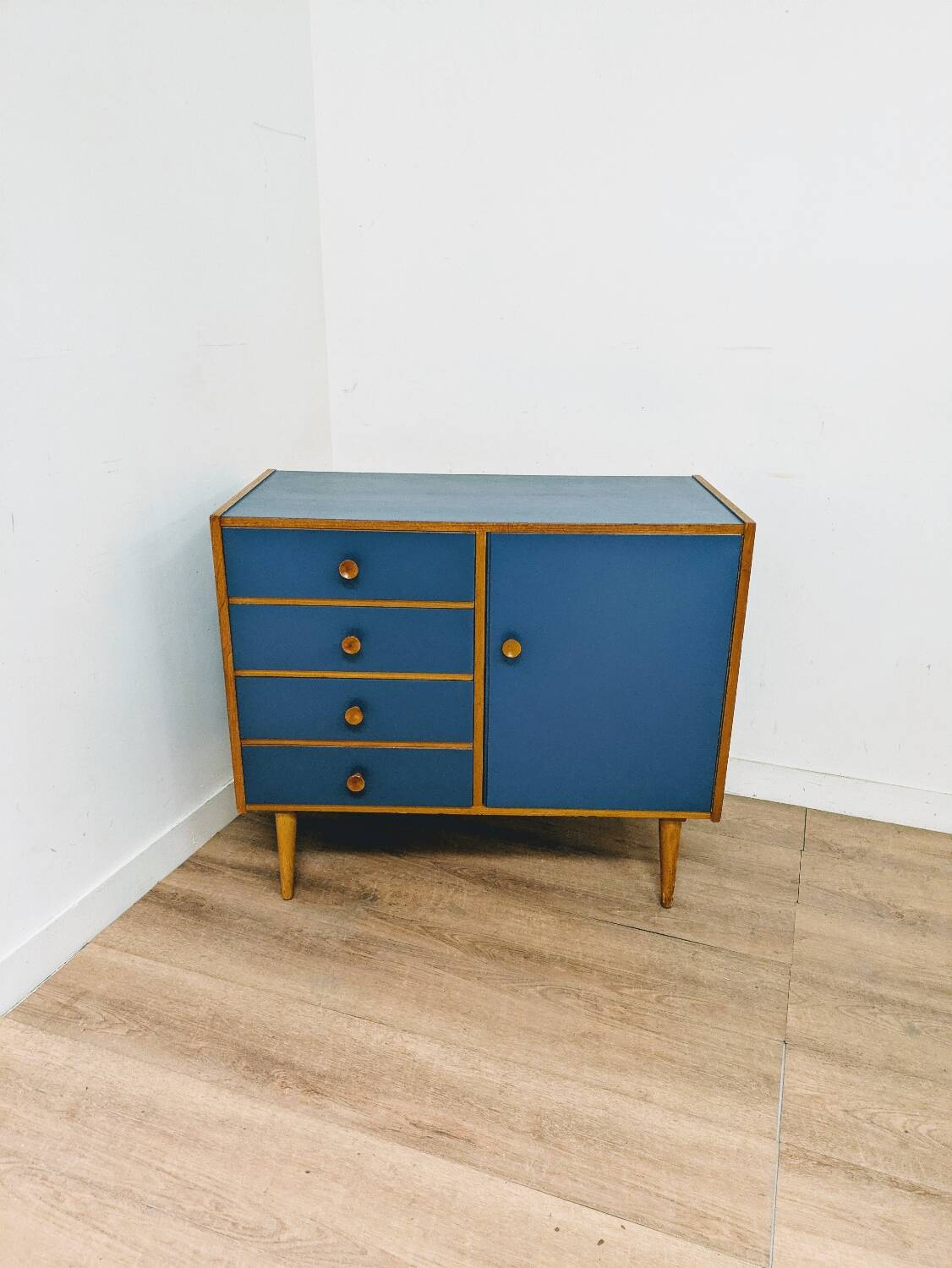 Vintage wooden and blue chest of drawers