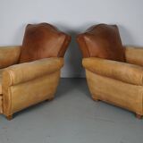 Pair of French Cognac Moustache Back Leather Club Chairs, 1940s