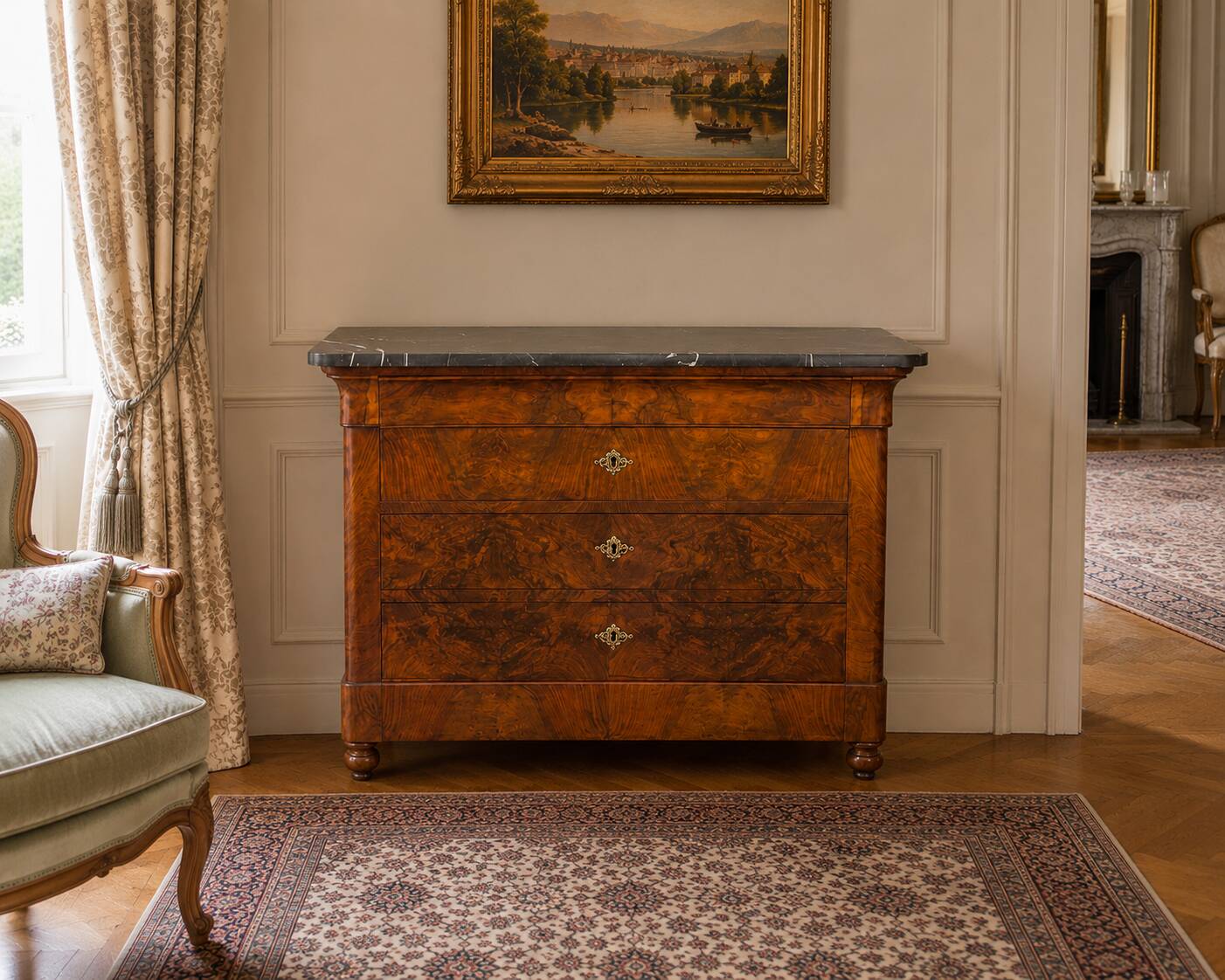 Louis-Philippe commode in Walnut Burl, mid-19th century.