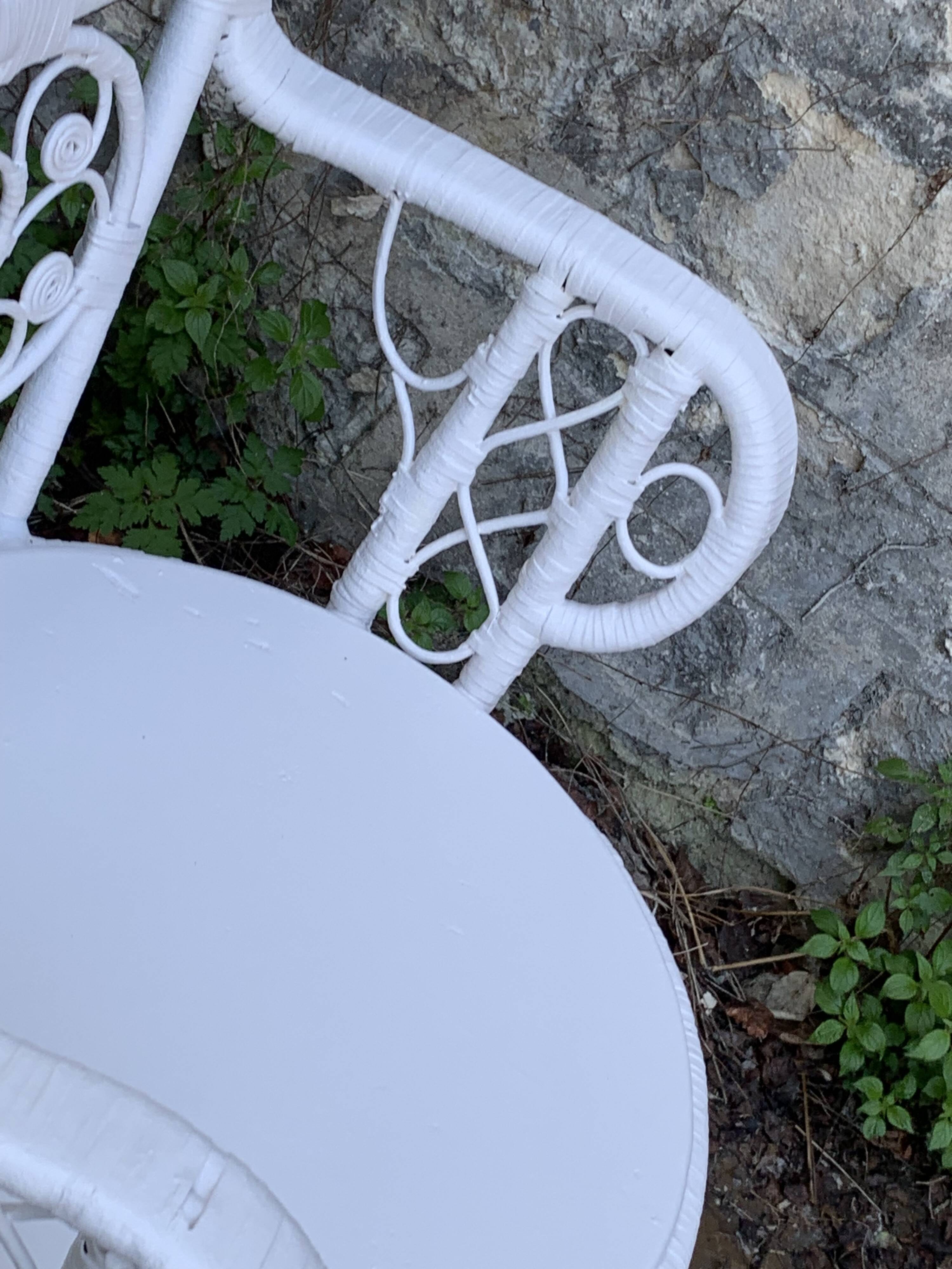 Peacock armchair and chair in white rattan, 1970