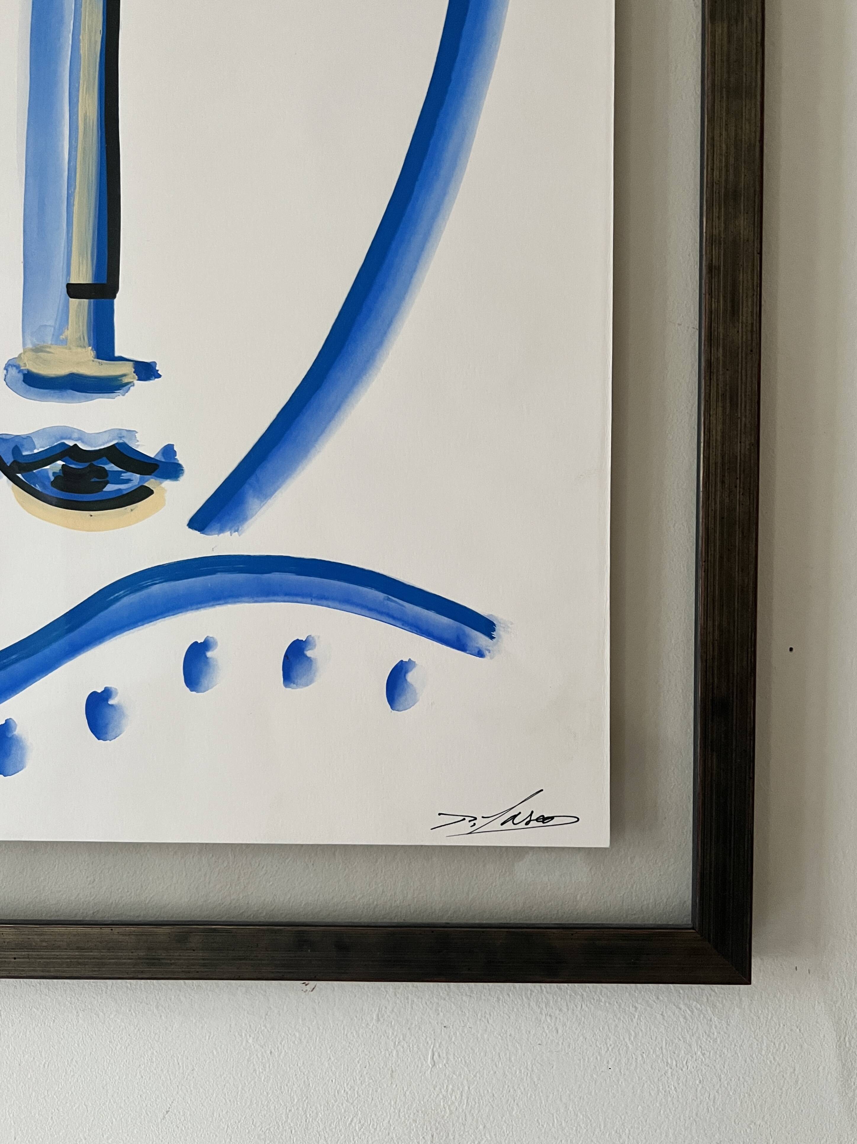 Cubist composition in blue, Vallauris style, signed Blasos.