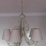 Lustre vintage, 5 feux, fer forgé et perles