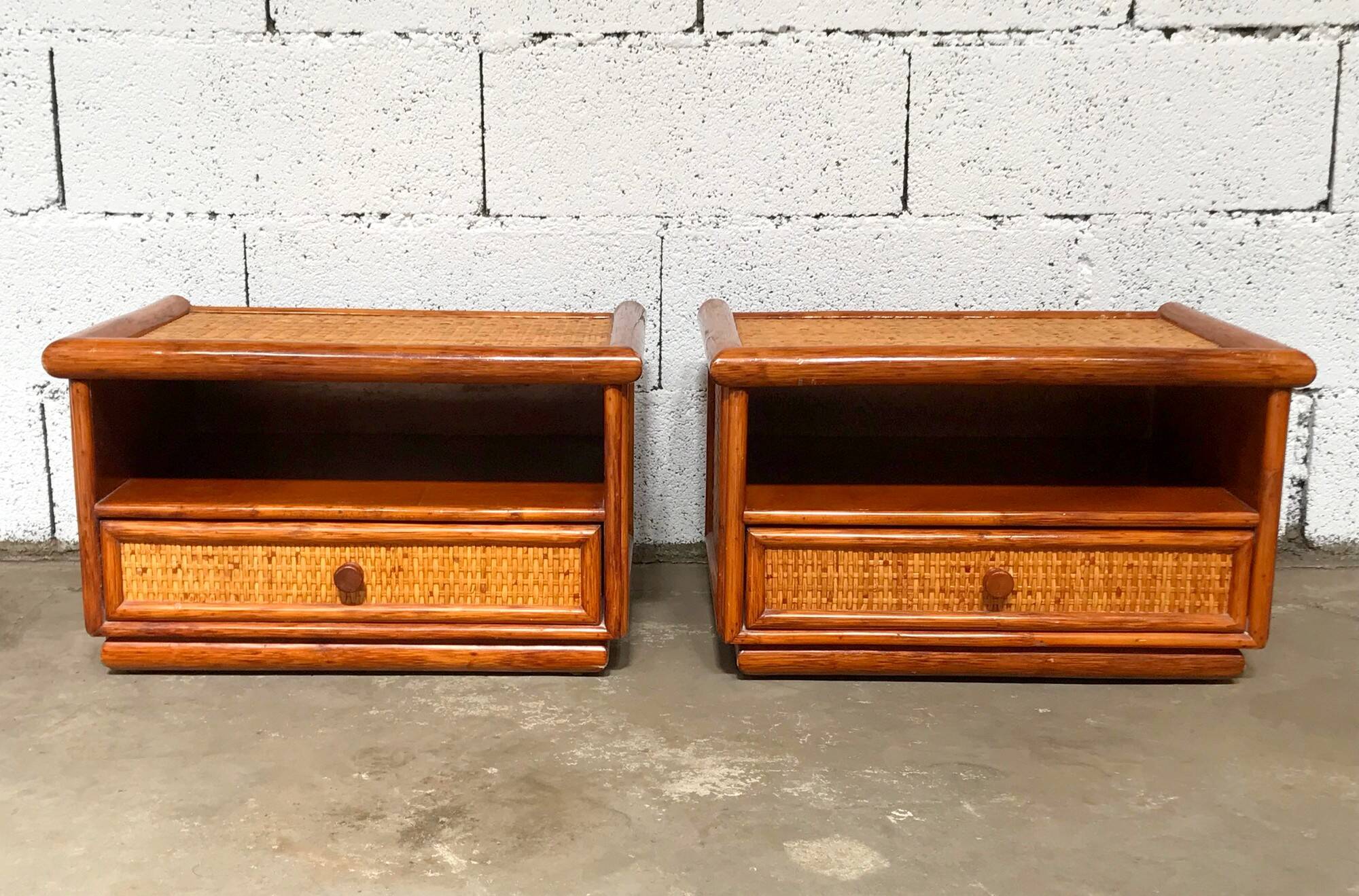 Maugrion rattan bedside tables for Roche Bobois vintage 70s