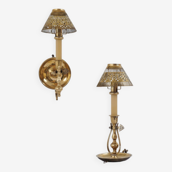 Pair of vintage gimbal table candlesticks or candle wall sconces, brass, 1940s, English