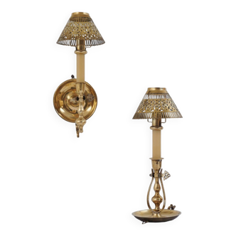 Pair of vintage gimbal table candlesticks or candle wall sconces, brass, 1940s, English