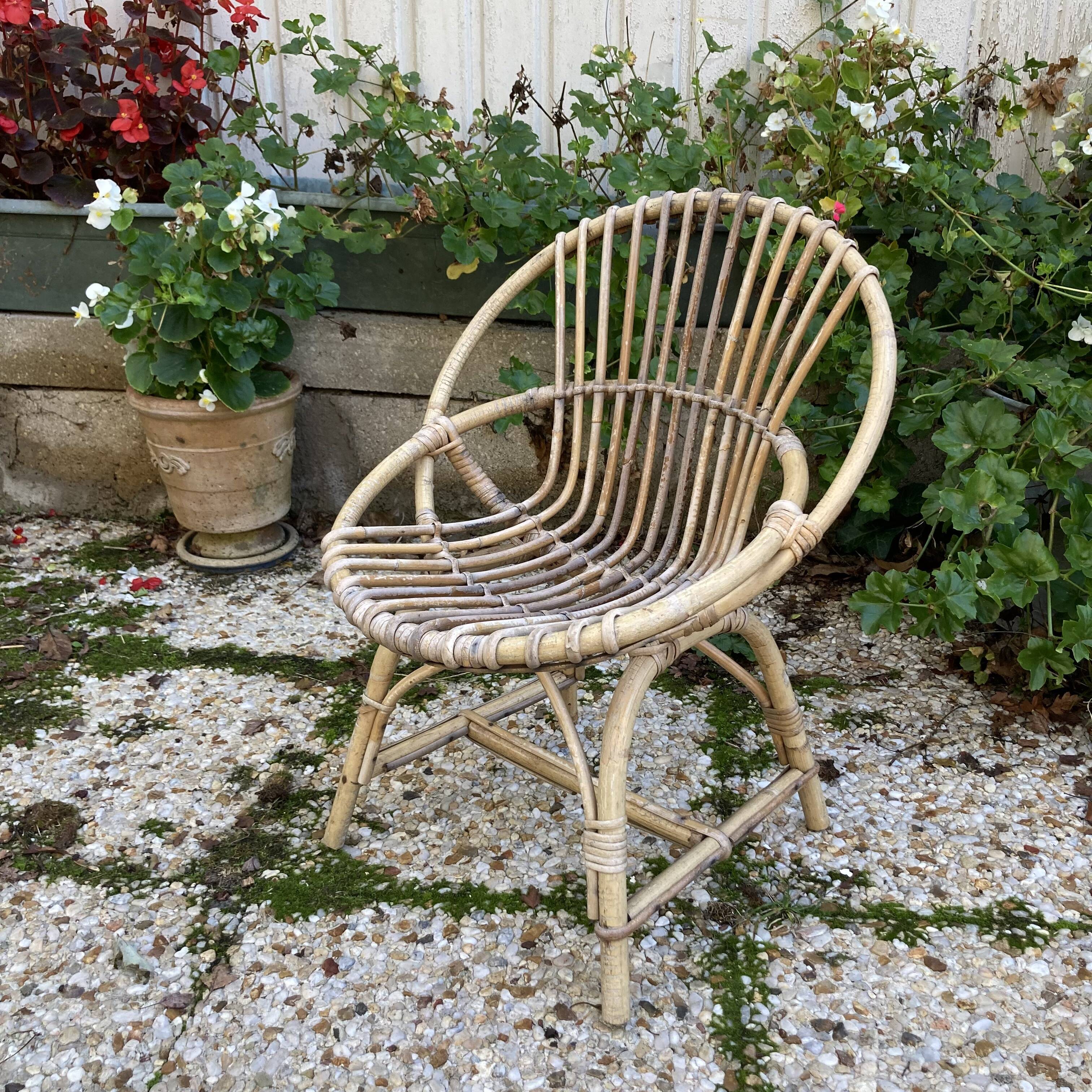 Set of 3 vintage rattan armchairs
