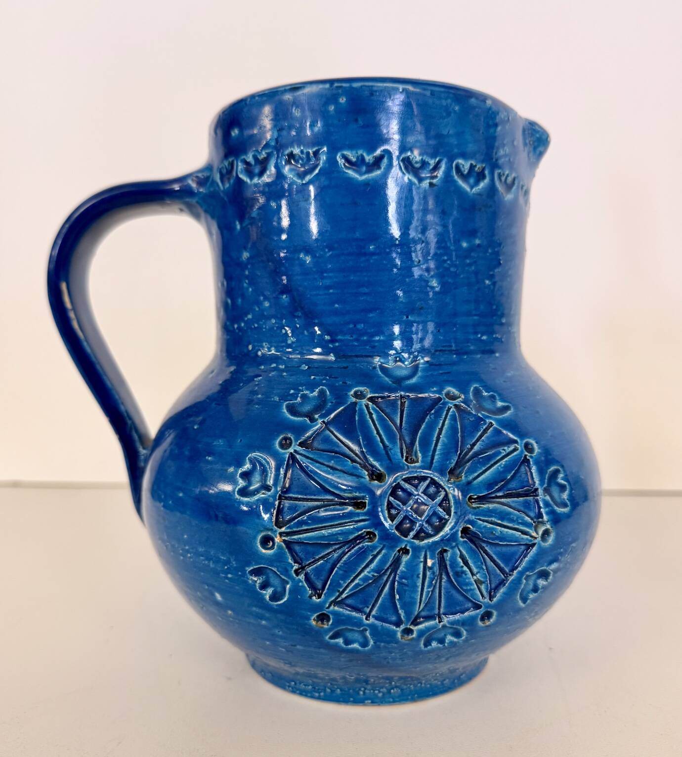 Handmade Rimini Blue Lacquered Ceramic Jug by Aldo Londi for Bitossi, Italy