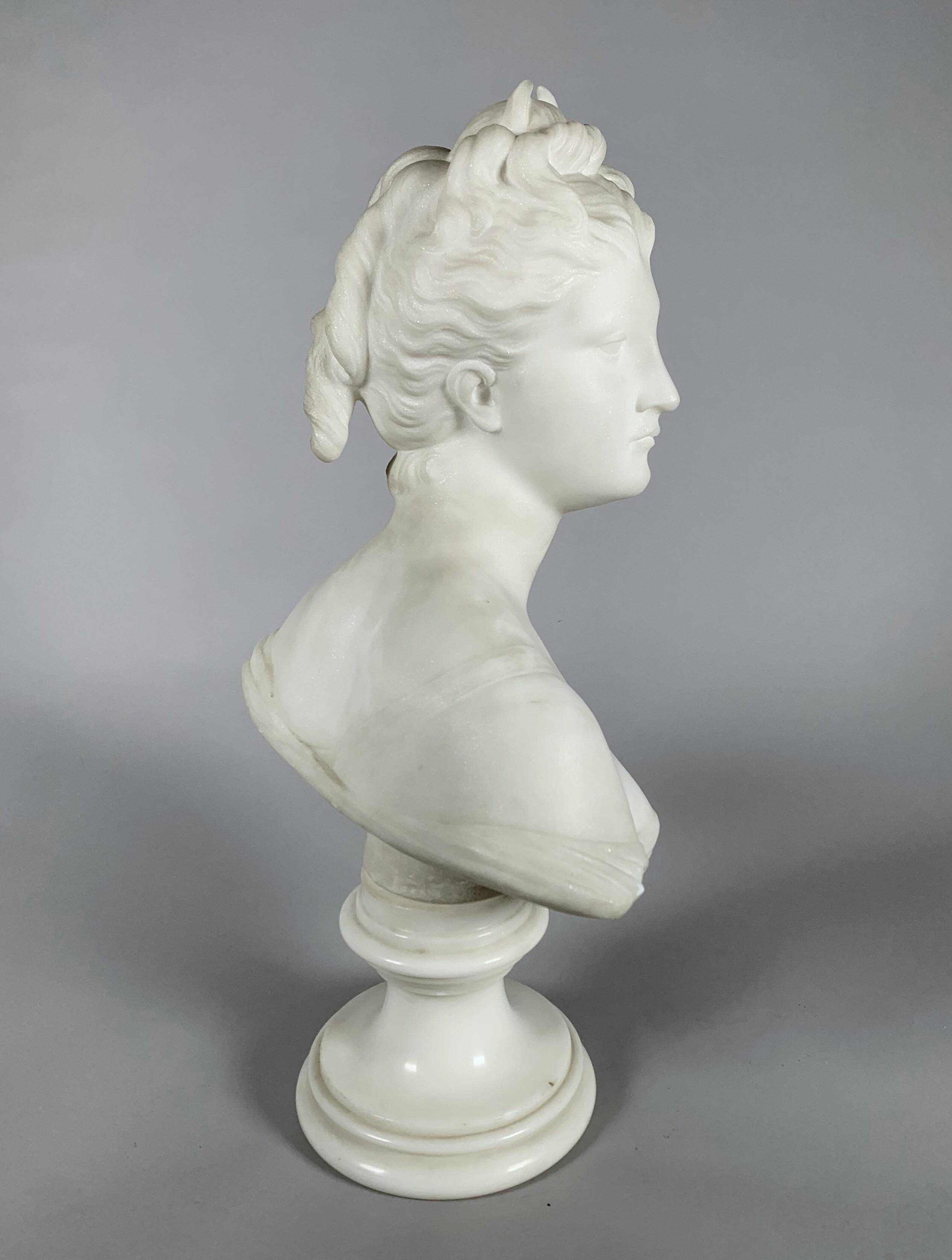White Marble Sculpture Bust of Diana After Houdon (1741-1828) 19th Century
