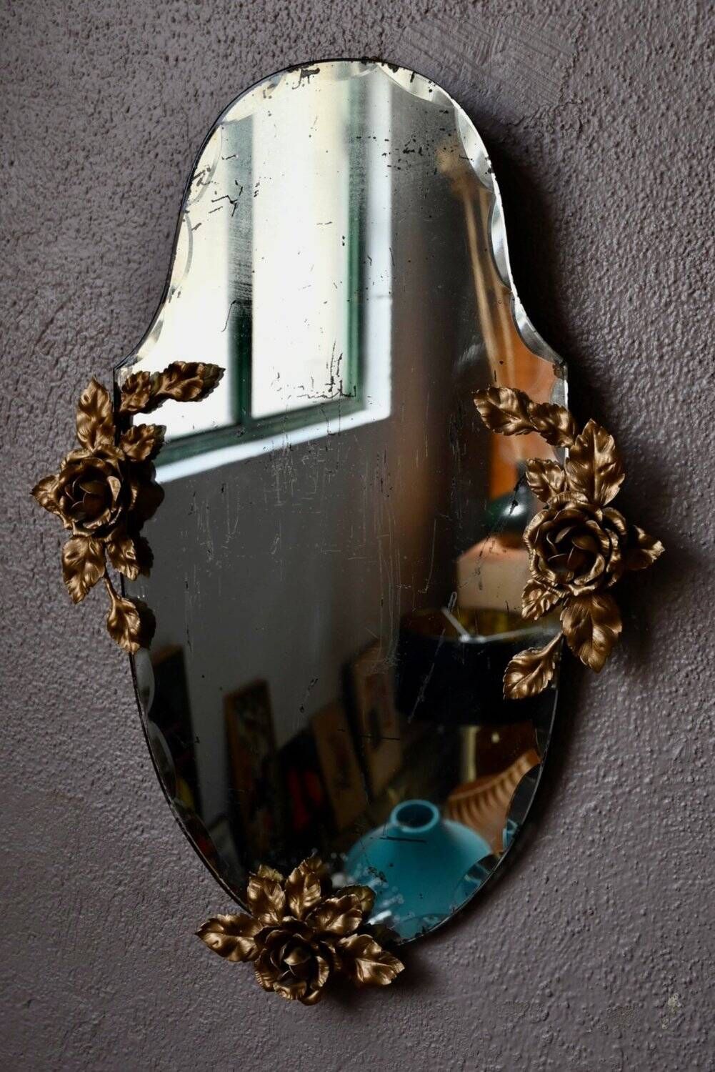 Louis XV Style Wall Mirror Golden Brass Vintage Flowers 1950s