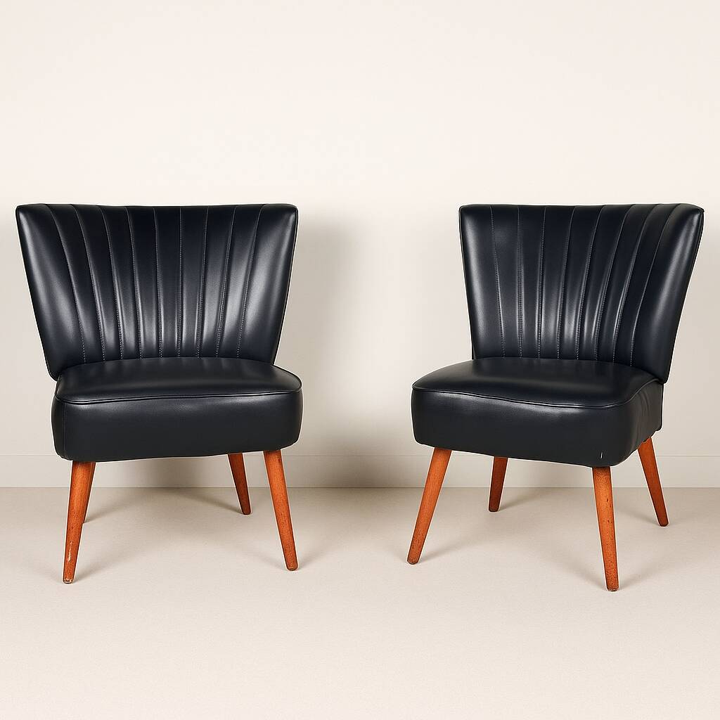 Pair of vintage club armchairs in black leatherette – 1950s