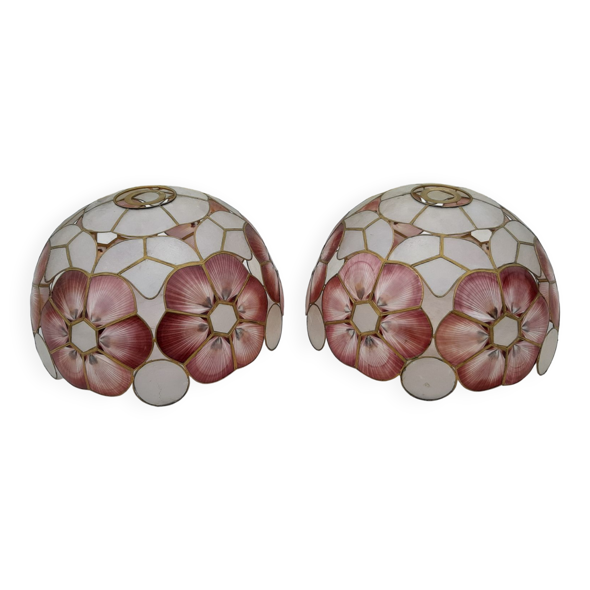 Pair of vintage pendant lamps in brass mother-of-pearl and shells