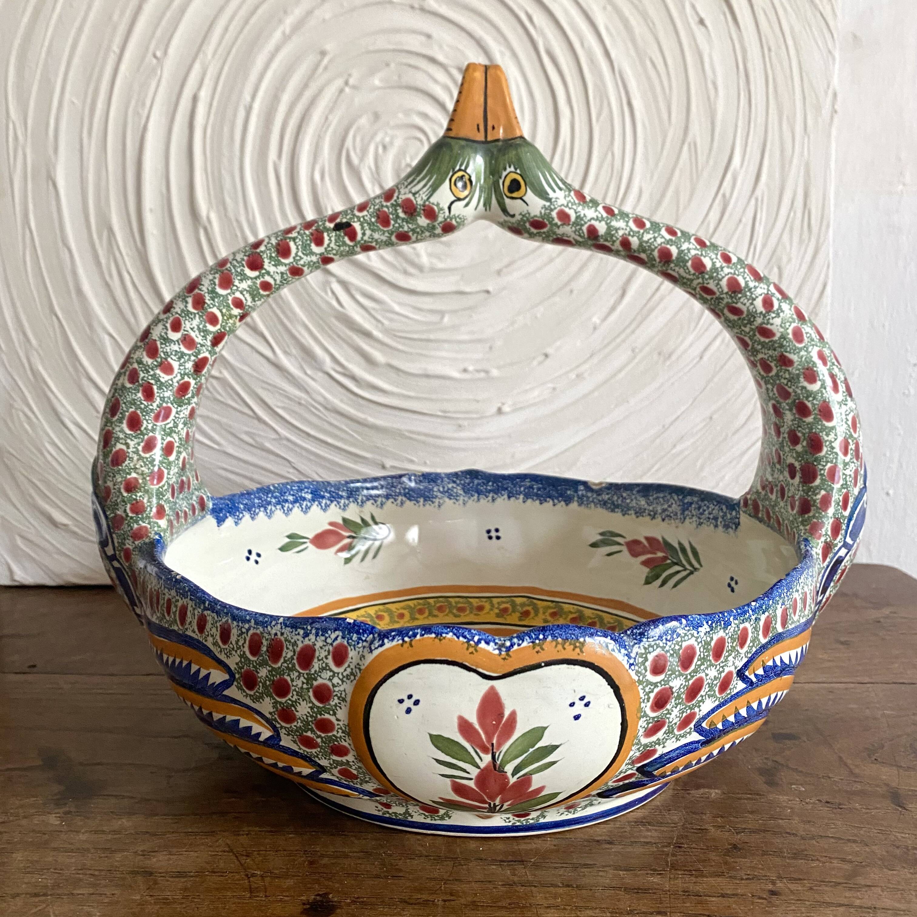 Fruit bowl, bird head handle HB Quimper Breton earthenware