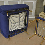 Pair of armchairs and ottoman vintage 1950 in blue velour and brass