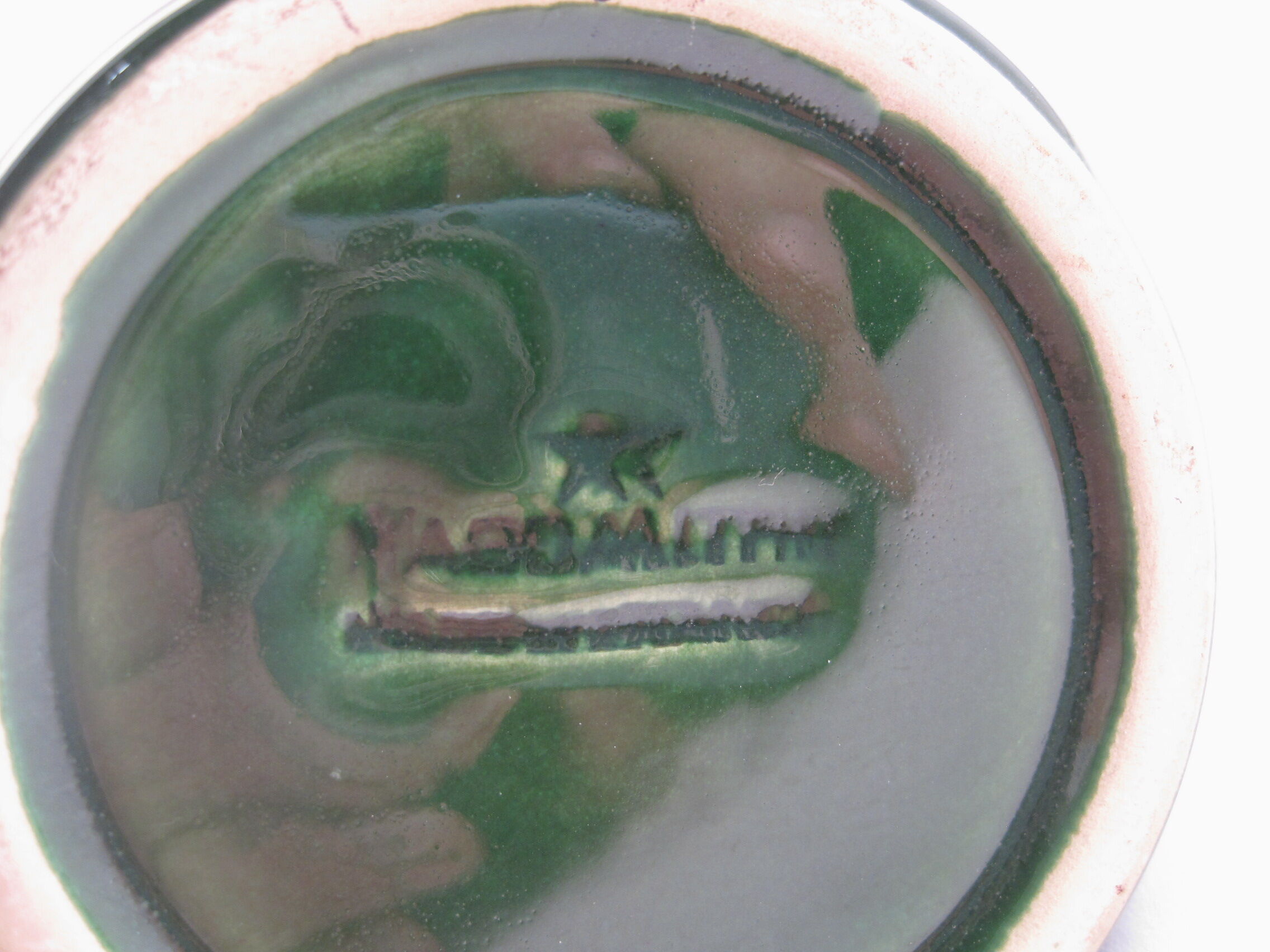 Modernist pitcher in green and gold glazed ceramic, brand MAGDALITHE MADE IN FRANCE around 1950 1