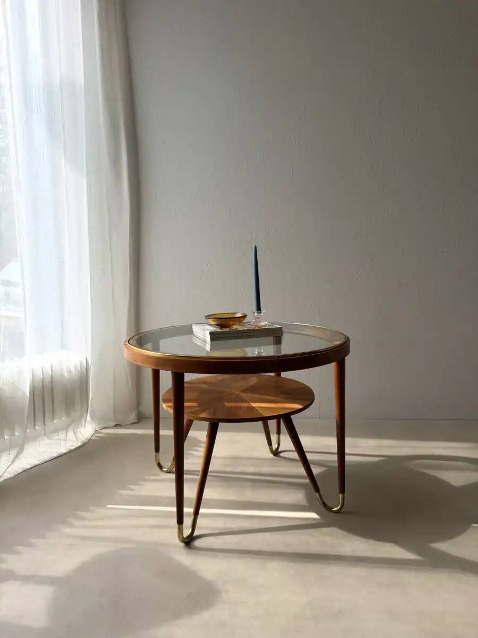 Round walnut coffee table with glass by Ilse Möbel