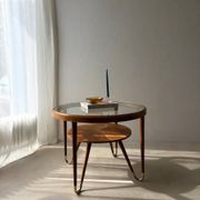 Round walnut coffee table with glass by Ilse Möbel